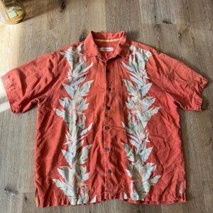 Tommy Bahama Red Floral Silk Hawaiian Aloha Palm Tree Button Up Shirt Size XL